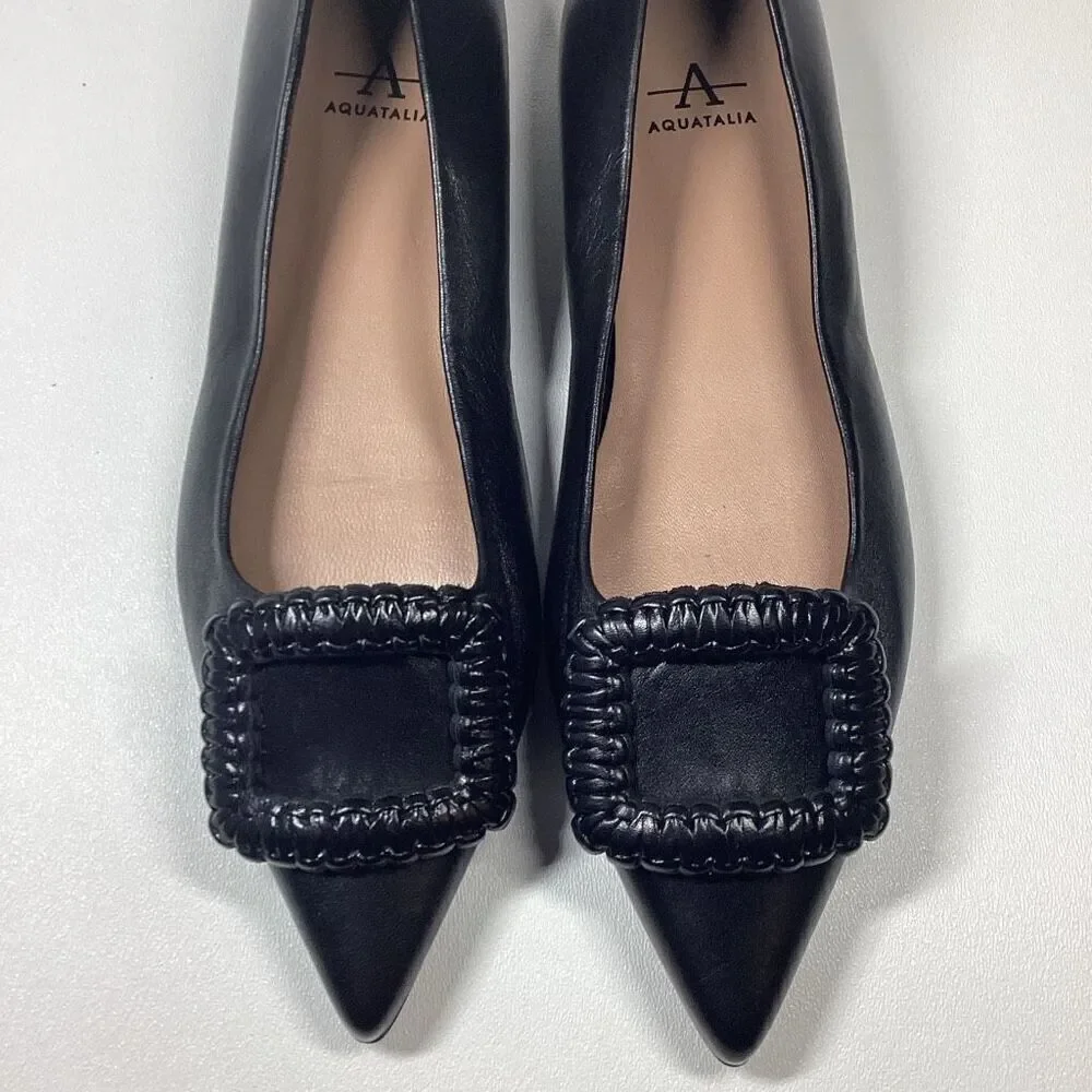 Aquatalia Adorned Black Woven‎ Leather Square Toe Flats  Size 7